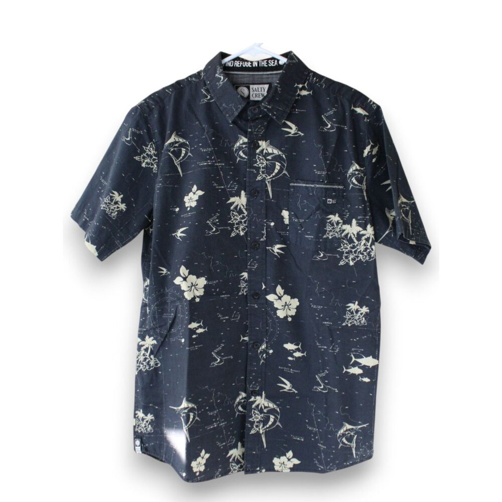 Salty Crew Hawaiian Fishing Shirt Men's Med Navy Button Front Aloha